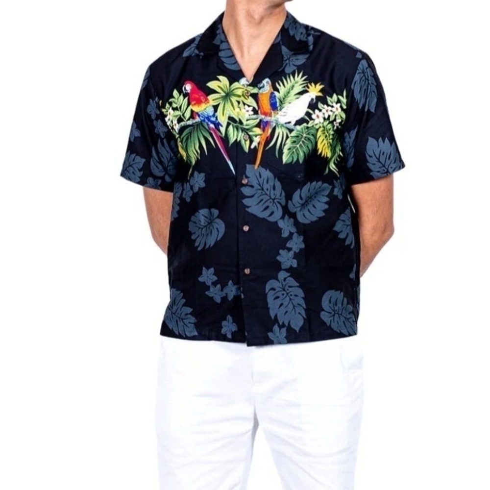 Winnie Fashion Mens Black Cotton Parrot Tropical Hawaiian Aloha Shirt Large - Picture 2 of 13